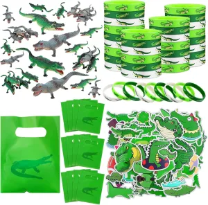 Leyndo 122 Pcs Crocodile Party Favors Gift Set Alligator Reptile Decorations Crocodile Silicone Wristbands Bracelet Stickers Toy Bag Gifts for Reptile Birthday Party Supplies