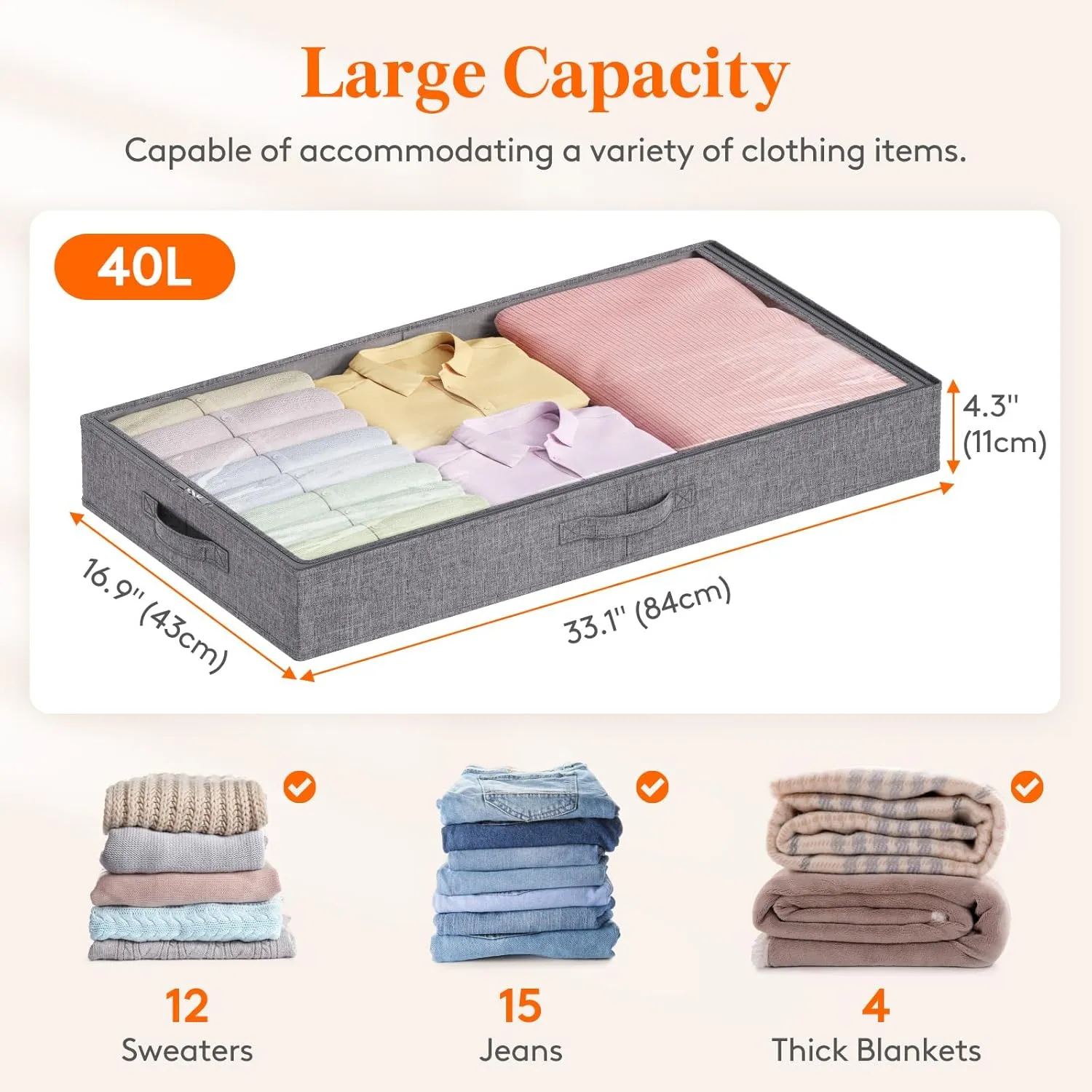 Lifewit Under Bed Storage Containers, 4.3 Inches Tall Low Profile Underbed Storage, Foldable Clothes Storage Bags Organizer Bin with Lids, Ultra Thick Fabric for Blankets Pillows Shoes, Large, 2 Pack