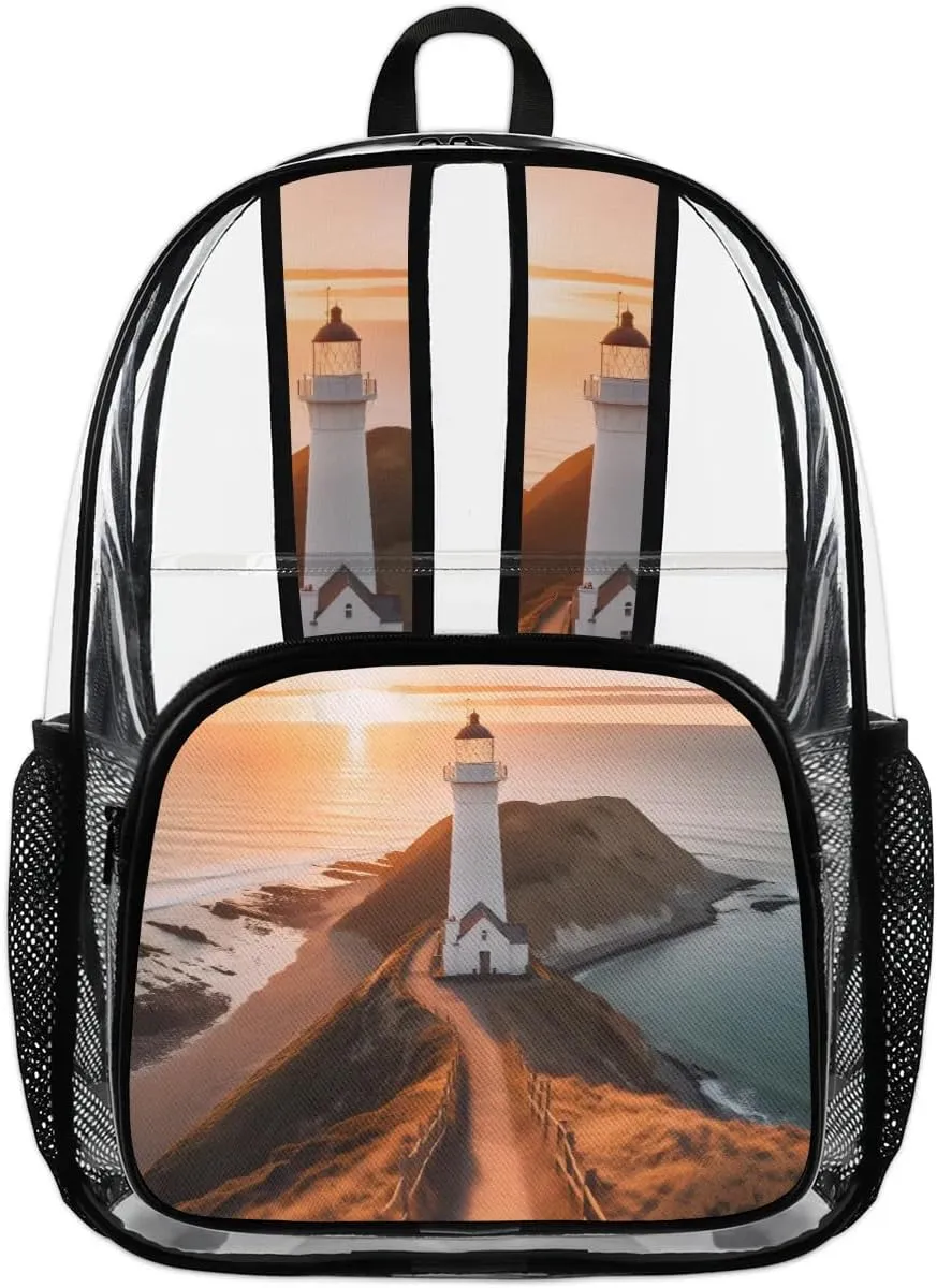 Lighthouse Sea Clear Backpack Stadium Approved Heavy-Duty See Through Bag Waterproof Clear Backpack for Concerts Work Sports & Events Large Capacity 11.2x6.2x17.7"