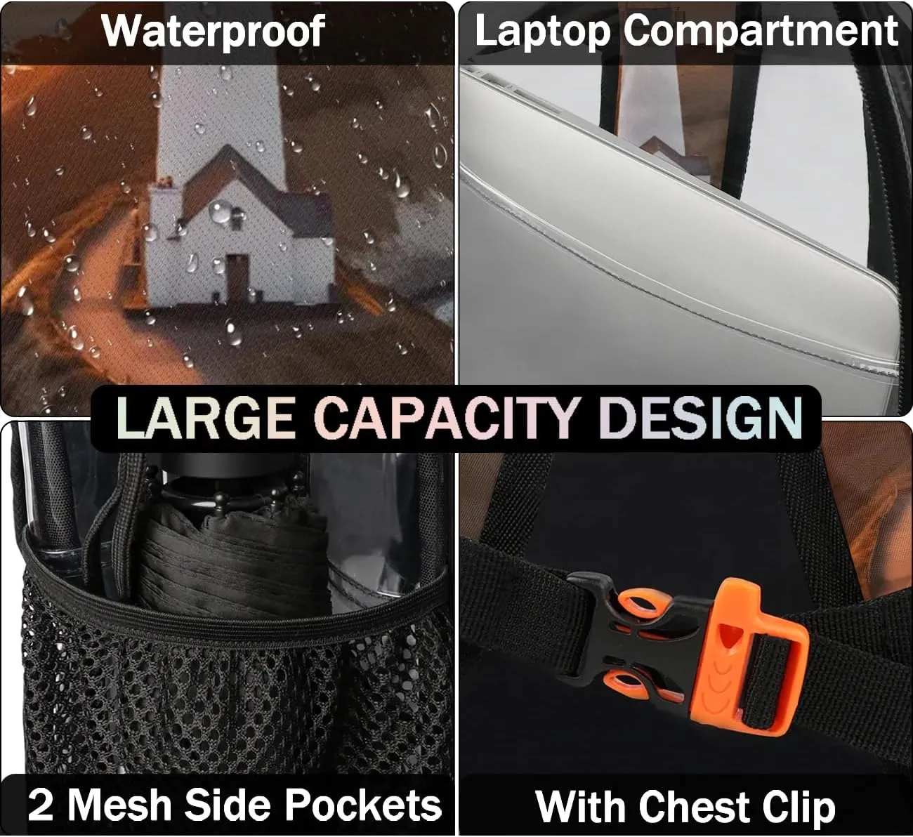 Lighthouse Sea Clear Backpack Stadium Approved Heavy-Duty See Through Bag Waterproof Clear Backpack for Concerts Work Sports & Events Large Capacity 11.2x6.2x17.7"