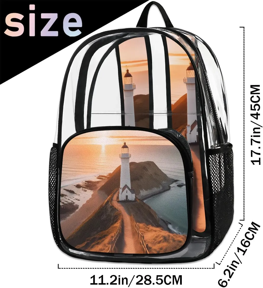 Lighthouse Sea Clear Backpack Stadium Approved Heavy-Duty See Through Bag Waterproof Clear Backpack for Concerts Work Sports & Events Large Capacity 11.2x6.2x17.7"