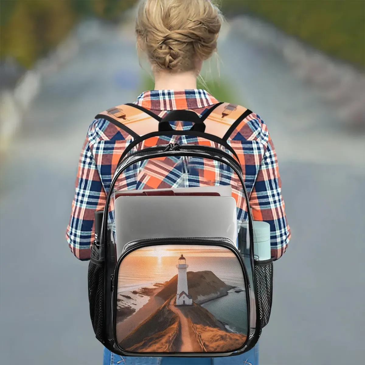 Lighthouse Sea Clear Backpack Stadium Approved Heavy-Duty See Through Bag Waterproof Clear Backpack for Concerts Work Sports & Events Large Capacity 11.2x6.2x17.7"