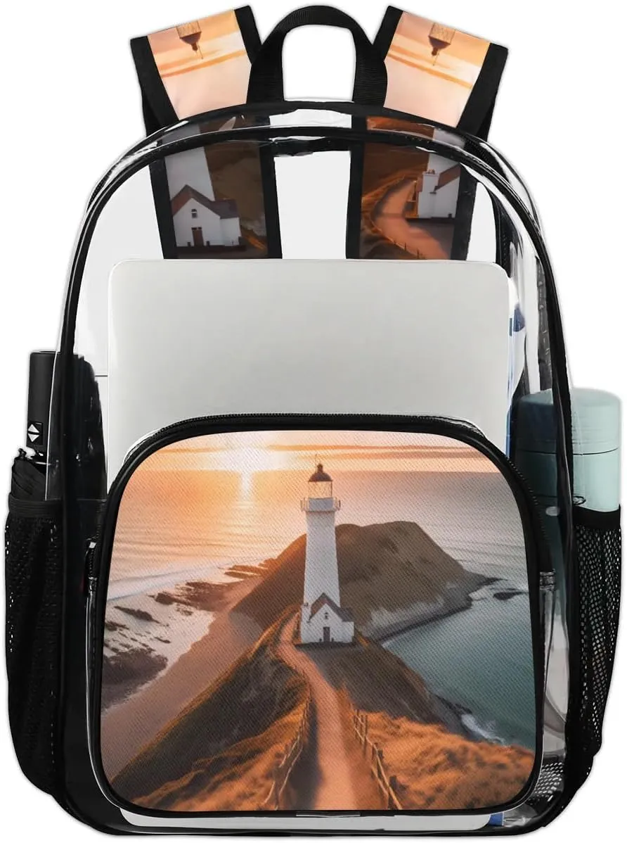 Lighthouse Sea Clear Backpack Stadium Approved Heavy-Duty See Through Bag Waterproof Clear Backpack for Concerts Work Sports & Events Large Capacity 11.2x6.2x17.7"