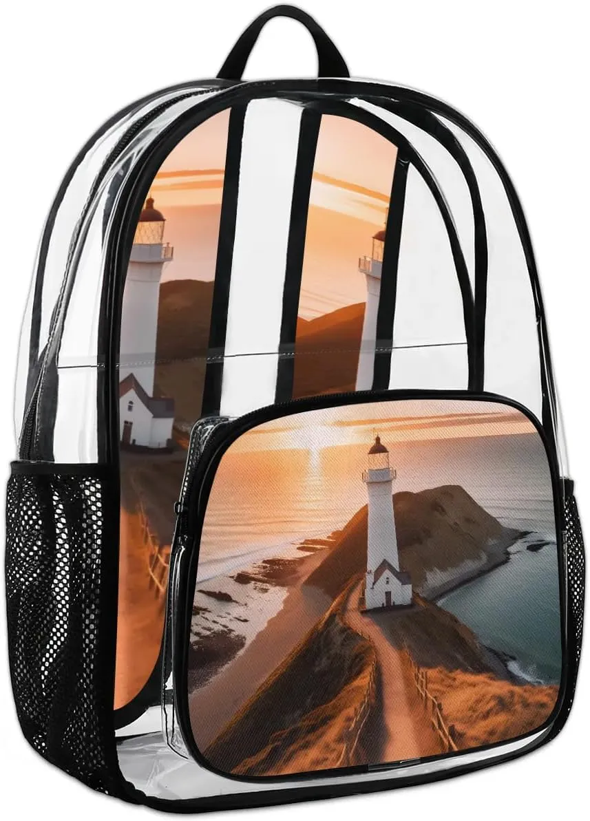 Lighthouse Sea Clear Backpack Stadium Approved Heavy-Duty See Through Bag Waterproof Clear Backpack for Concerts Work Sports & Events Large Capacity 11.2x6.2x17.7"