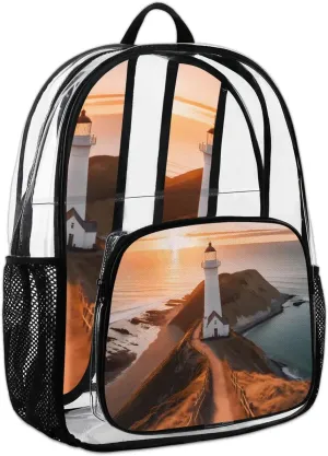 Lighthouse Sea Clear Backpack Stadium Approved Heavy-Duty See Through Bag Waterproof Clear Backpack for Concerts Work Sports & Events Large Capacity 11.2x6.2x17.7"