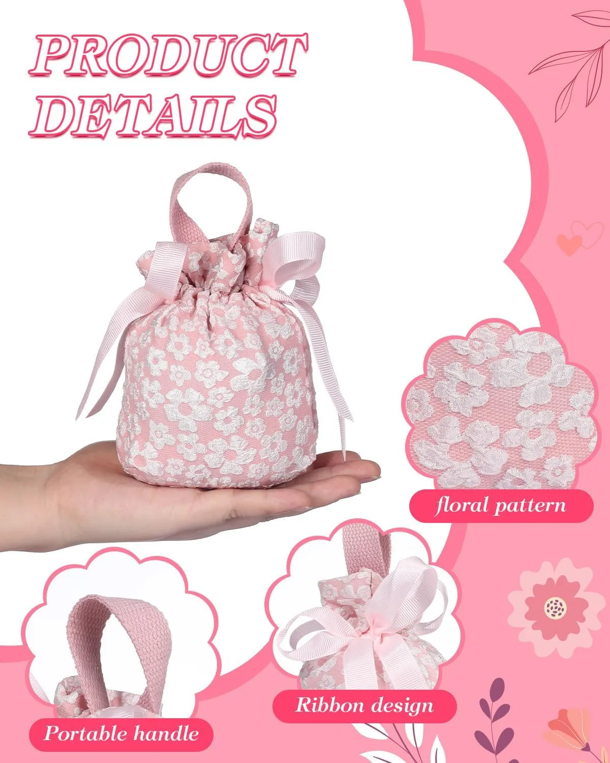 Liobelon 8 Pieces Floral Small Gift Bags with Handles, Drawstring Candy Bag, Tea Party Favor Bags, Floral Thank You Gift Bags for Wedding Birthday Bridal Shower Baby Shower(Pink)