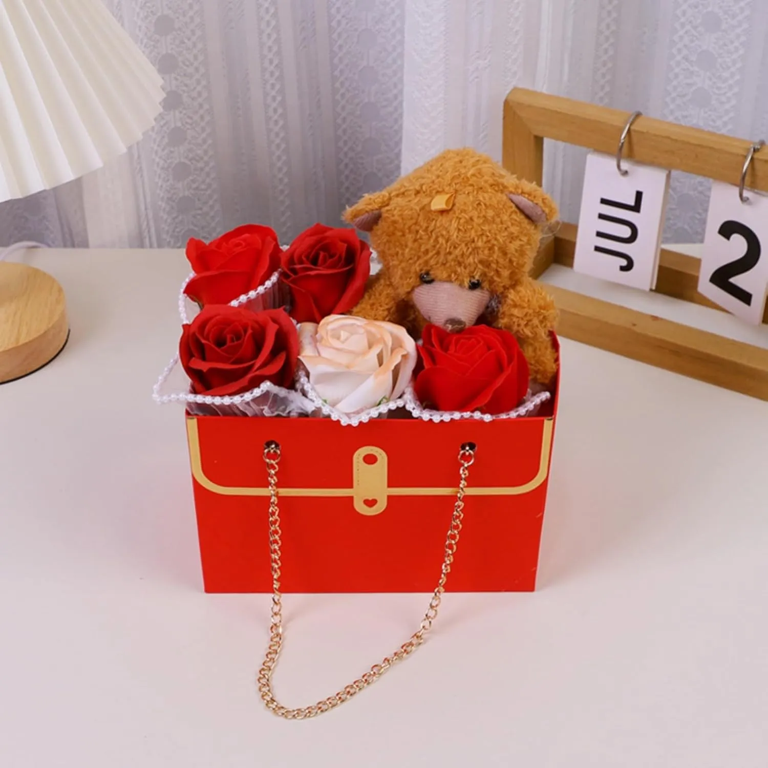 LONG XIN SERIES 12pcs Red Paper Flower Bags with Gold Metal Chain Reusable Craft Paper Gift Boxe Portable Flower Rectangular Gift Bags Party Favor for Gift Package (Red)