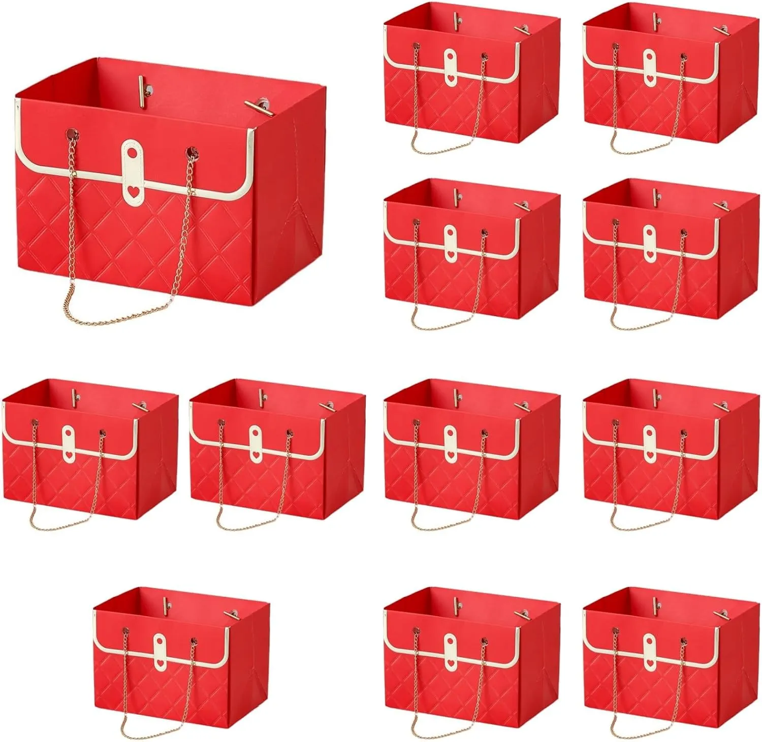 LONG XIN SERIES 12pcs Red Paper Flower Bags with Gold Metal Chain Reusable Craft Paper Gift Boxe Portable Flower Rectangular Gift Bags Party Favor for Gift Package (Red)