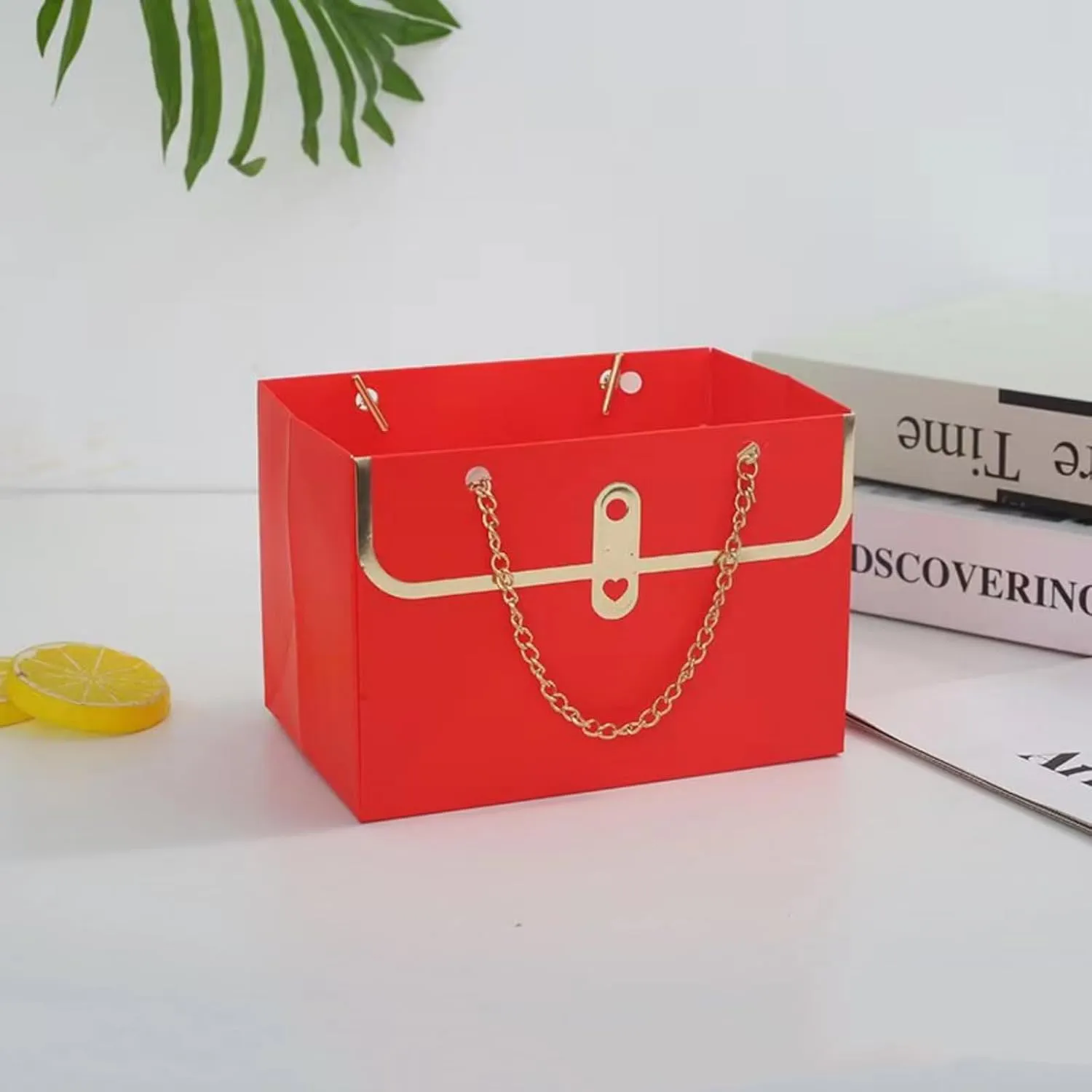 LONG XIN SERIES 12pcs Red Paper Flower Bags with Gold Metal Chain Reusable Craft Paper Gift Boxe Portable Flower Rectangular Gift Bags Party Favor for Gift Package (Red)