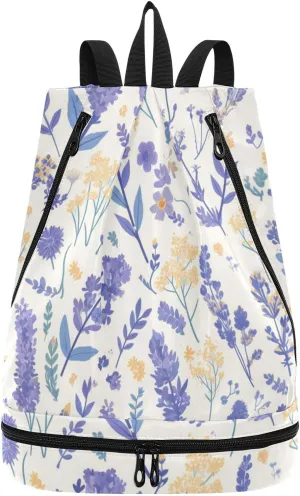 lovely lavender floral white Drawstring string bag hiking drawstring backpack with Wet Dry Compartments
