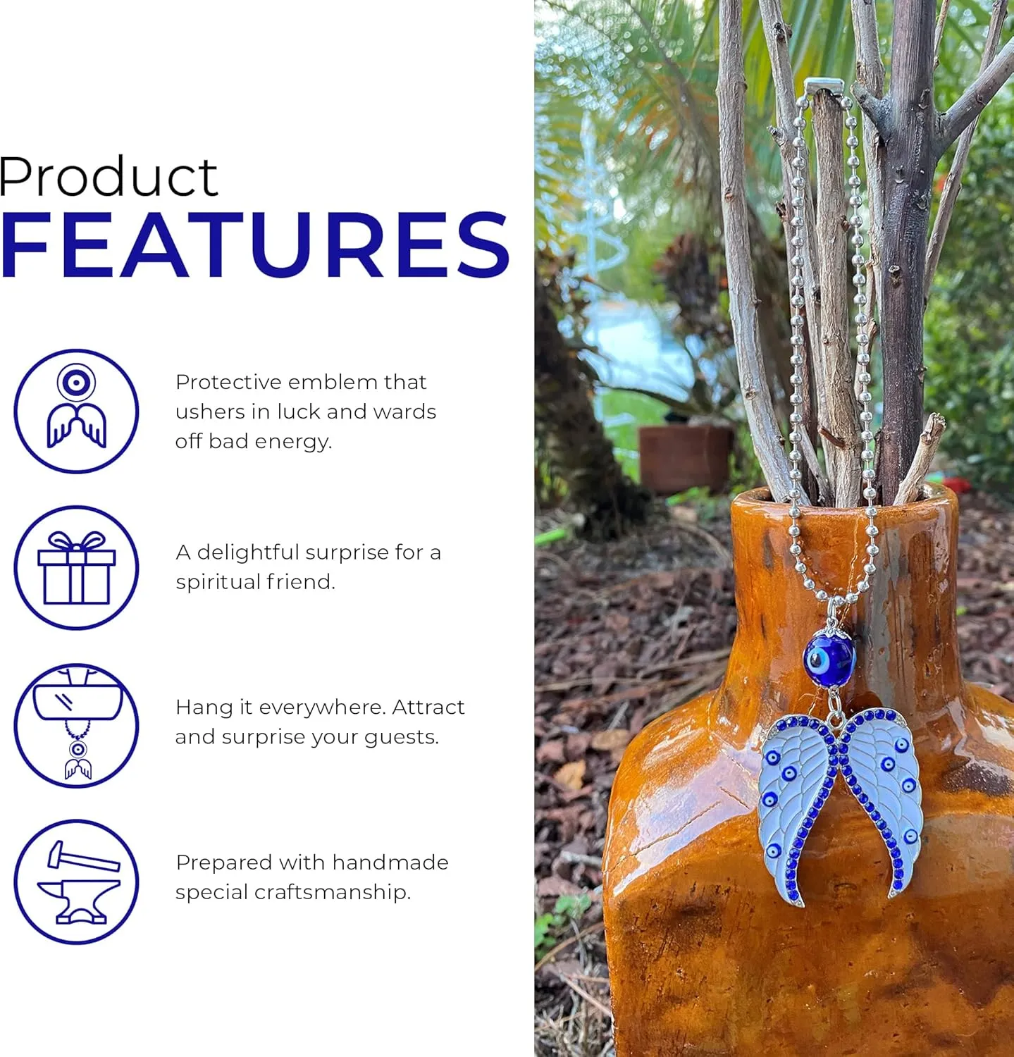LUCKBOOSTIUM Beautiful Angel w/Blue Crystal and Evil Eye Hanging Ornament - Good Luck Charms - Home Keys, Purse, Bags and Rear View Mirror Accessories - Gift for Men & Women