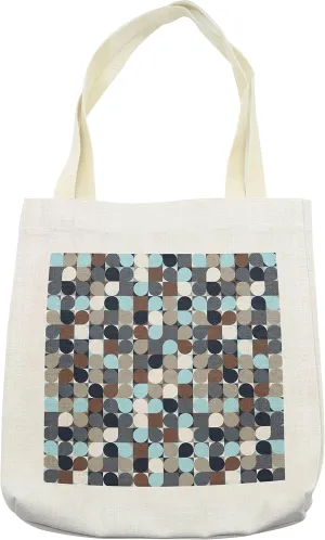 Lunarable Geometric Circle Tote Bag, Retro Themed Grid Pixel Polygons Web in Earthen Effects Pop Art Inspired, Cloth Linen Reusable Bag for Shopping Books Beach and More, 16.5" X 14", Cream