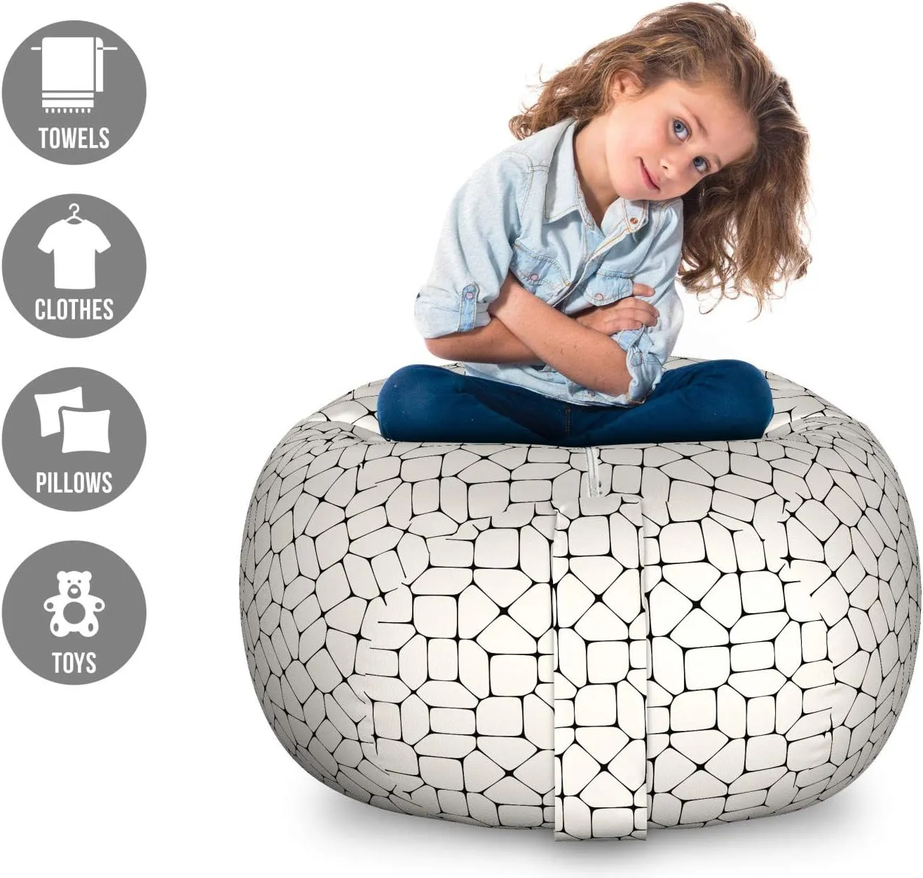 Lunarable Geometric Storage Toy Bag Chair, Black and White Mosaic Pavement Tile Bricks Modern Conceptual Tracery Design, Stuffed Animal Organizer Washable Bag, Large Size, Beige Black