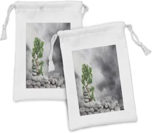 Lunarable Peace Fabric Pouch Set of 2, Basalt Stones Pile and Green Tree Moody Stormy Dramatic Sky Asia Balance Therapy Theme, Small Drawstring Bag for Toiletries Masks and Favors, 9" x 6", Grey Green