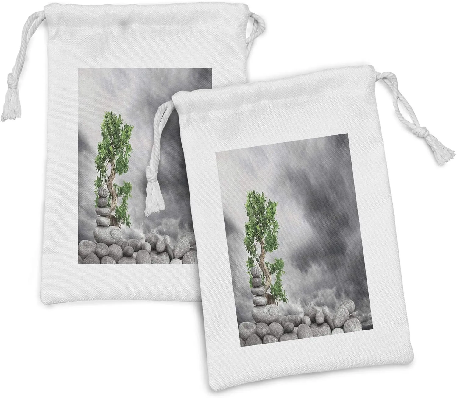 Lunarable Peace Fabric Pouch Set of 2, Basalt Stones Pile and Green Tree Moody Stormy Dramatic Sky Asia Balance Therapy Theme, Small Drawstring Bag for Toiletries Masks and Favors, 9" x 6", Grey Green