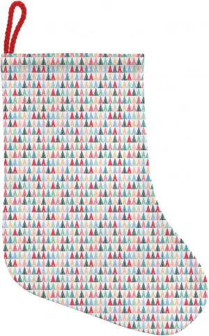 Lunarable Tree Hanging Stocking Bag, Spruce Illustration of Colorful Christmas Pine Trees Geometric Elements, Christmas Decor Gift Storage with Loop to Hang, 14.1" X 19.6", White and Multicolor