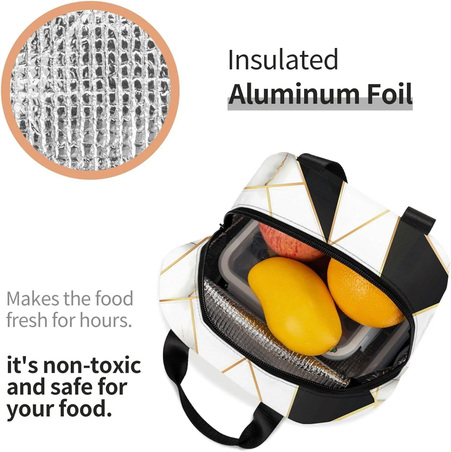 Lunch Bag for Women Men Reusable Insulated Lunch Box, White And Black Marble Abstract Modern Crack Geometric Pattern Handbags Case High Capacity for Work, Travel, Outdoor