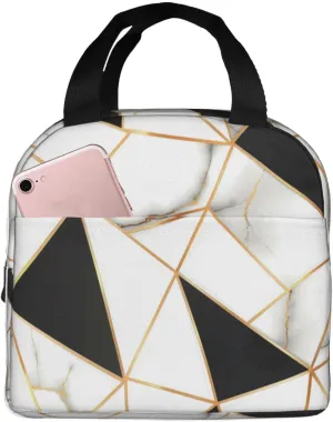 Lunch Bag for Women Men Reusable Insulated Lunch Box, White And Black Marble Abstract Modern Crack Geometric Pattern Handbags Case High Capacity for Work, Travel, Outdoor