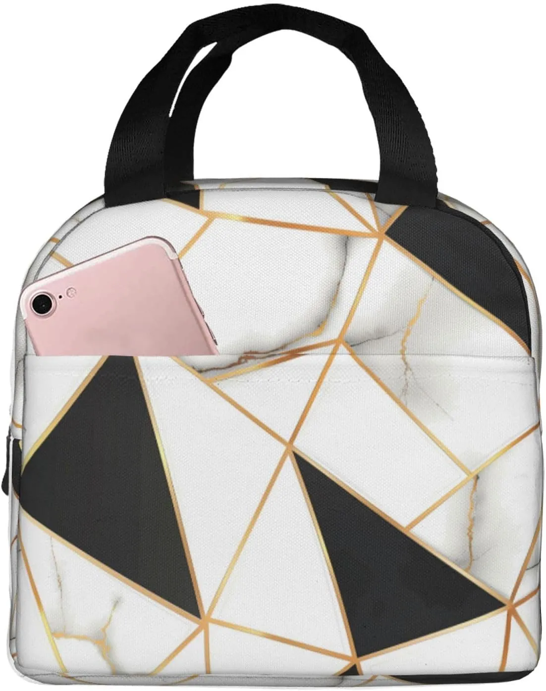 Lunch Bag for Women Men Reusable Insulated Lunch Box, White And Black Marble Abstract Modern Crack Geometric Pattern Handbags Case High Capacity for Work, Travel, Outdoor