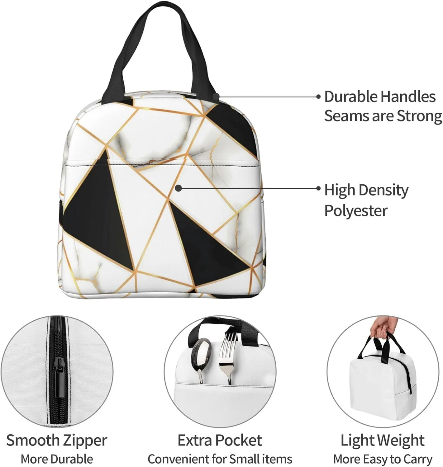 Lunch Bag for Women Men Reusable Insulated Lunch Box, White And Black Marble Abstract Modern Crack Geometric Pattern Handbags Case High Capacity for Work, Travel, Outdoor