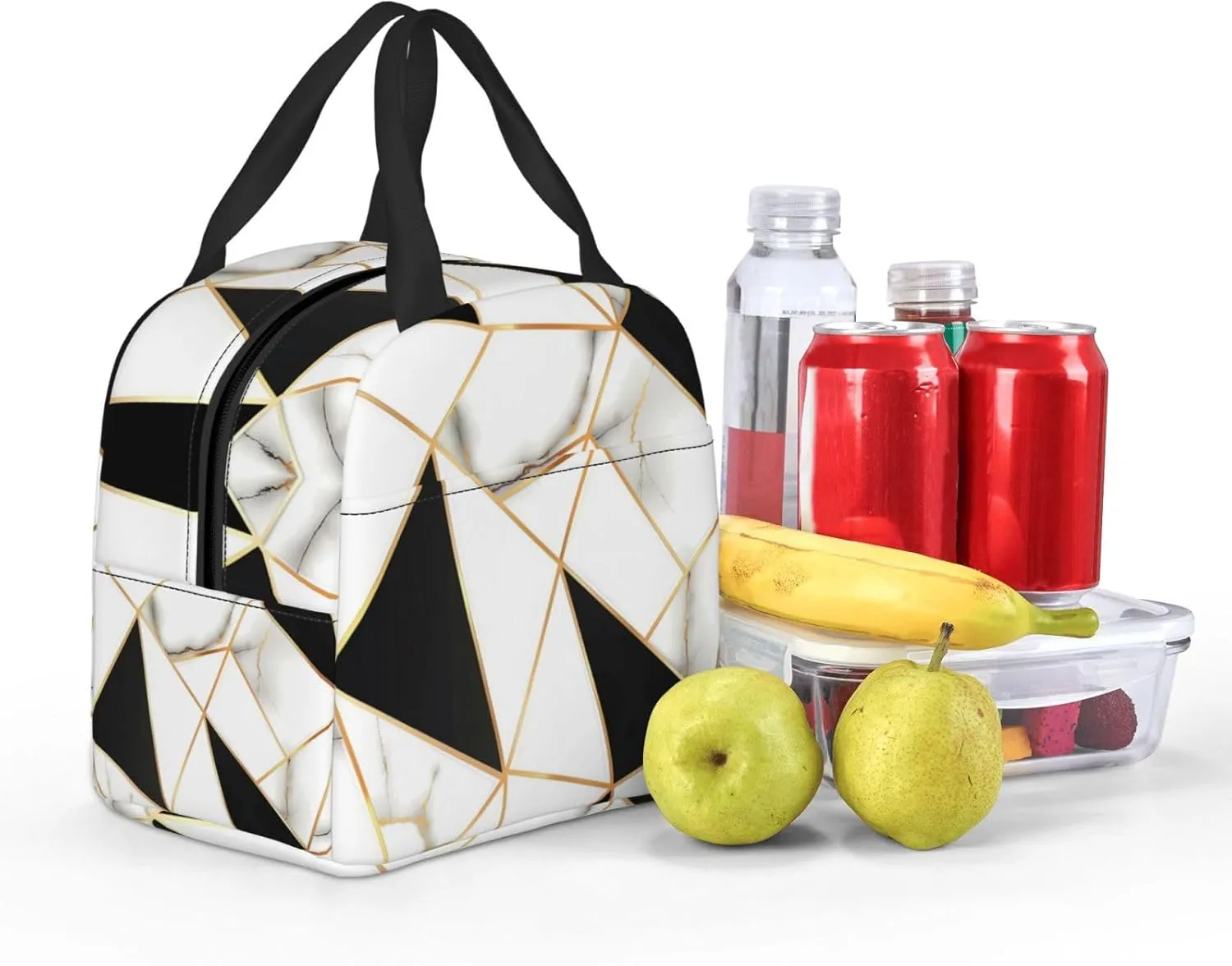 Lunch Bag for Women Men Reusable Insulated Lunch Box, White And Black Marble Abstract Modern Crack Geometric Pattern Handbags Case High Capacity for Work, Travel, Outdoor