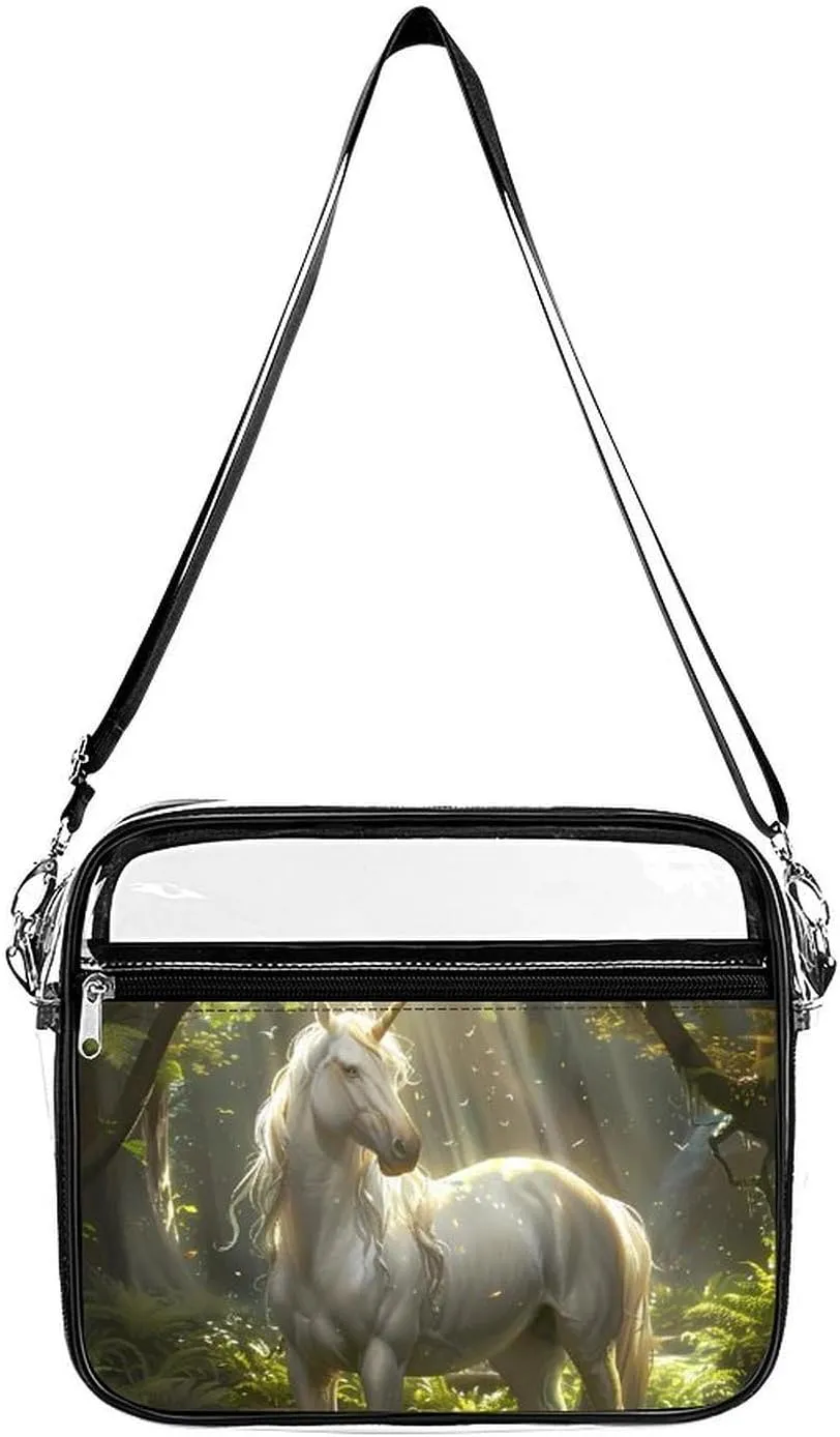 Magical Unicorrn in The Forests Creek Large Clear Stadium Bag Clear Mini Messenger Bags with 2 Compartments Crossbody Bag