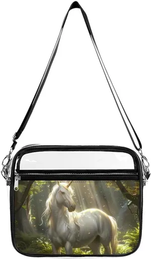 Magical Unicorrn in The Forests Creek Large Clear Stadium Bag Clear Mini Messenger Bags with 2 Compartments Crossbody Bag