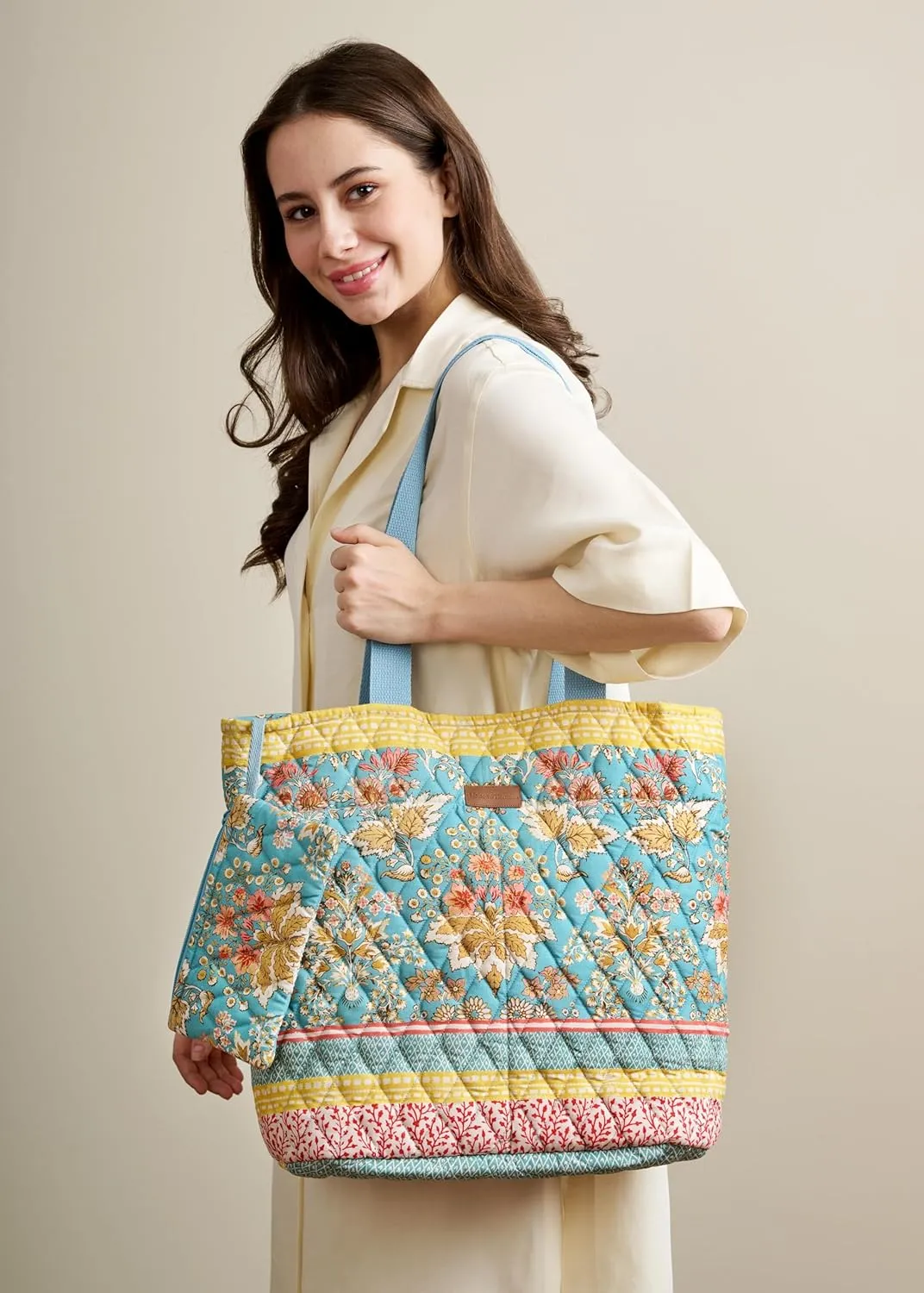 Maison d' Hermine Shopping Bags Cotton Quilted Tote Bag with Zipper Pockets Small Pouch Reusable Grocery Bag Work Travel