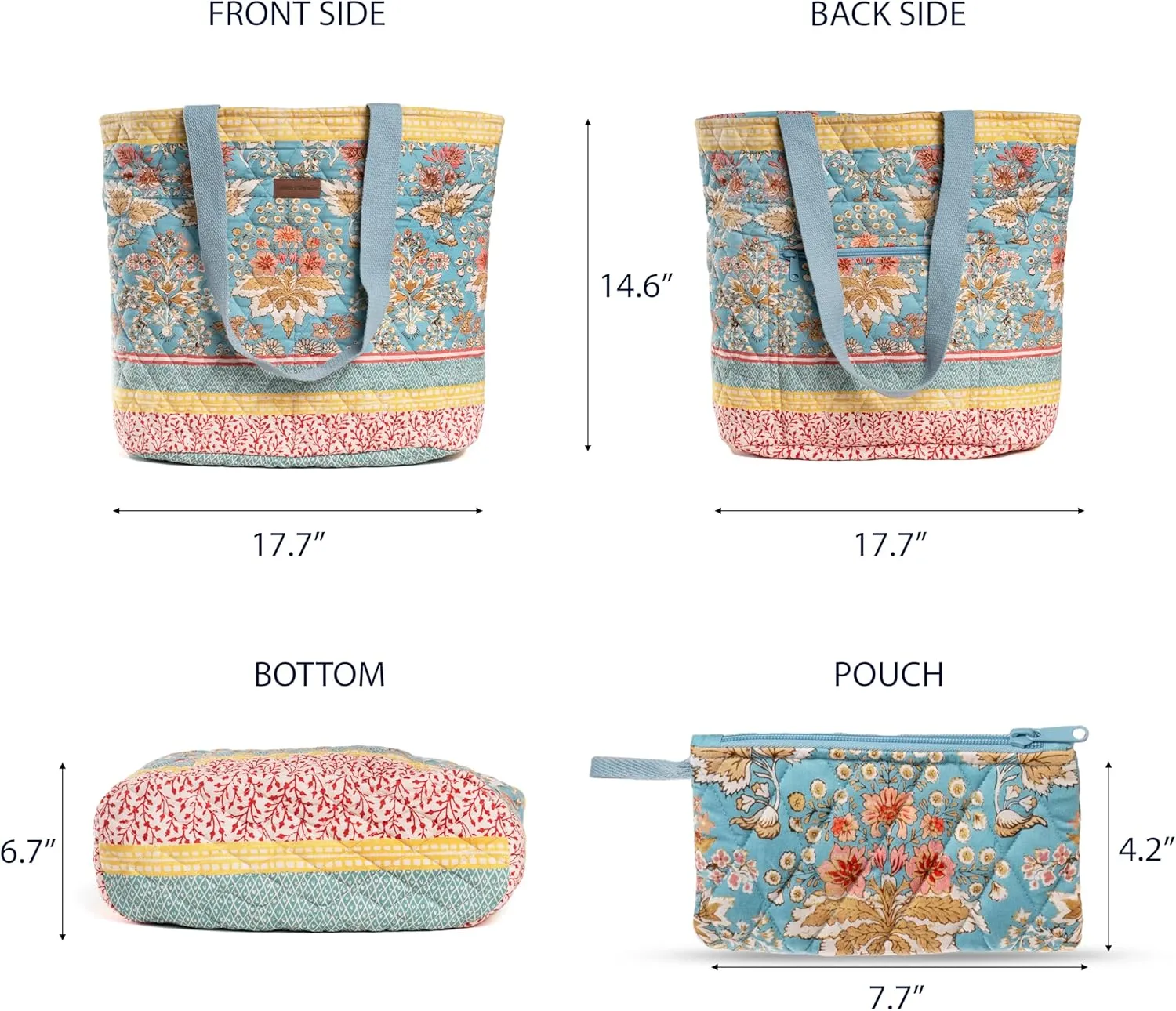 Maison d' Hermine Shopping Bags Cotton Quilted Tote Bag with Zipper Pockets Small Pouch Reusable Grocery Bag Work Travel