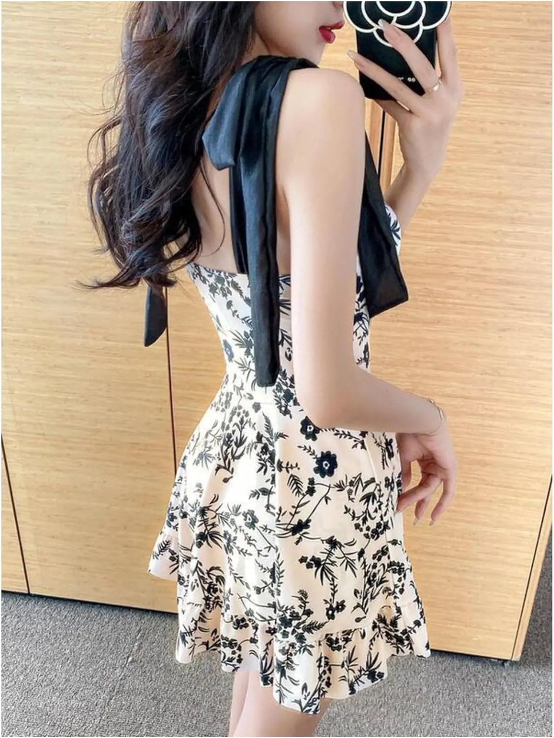 MakeMeChic Women's Floral Print Ruched Tie Shoulder Flared Hem Bathing Suit One Piece Swimsuit