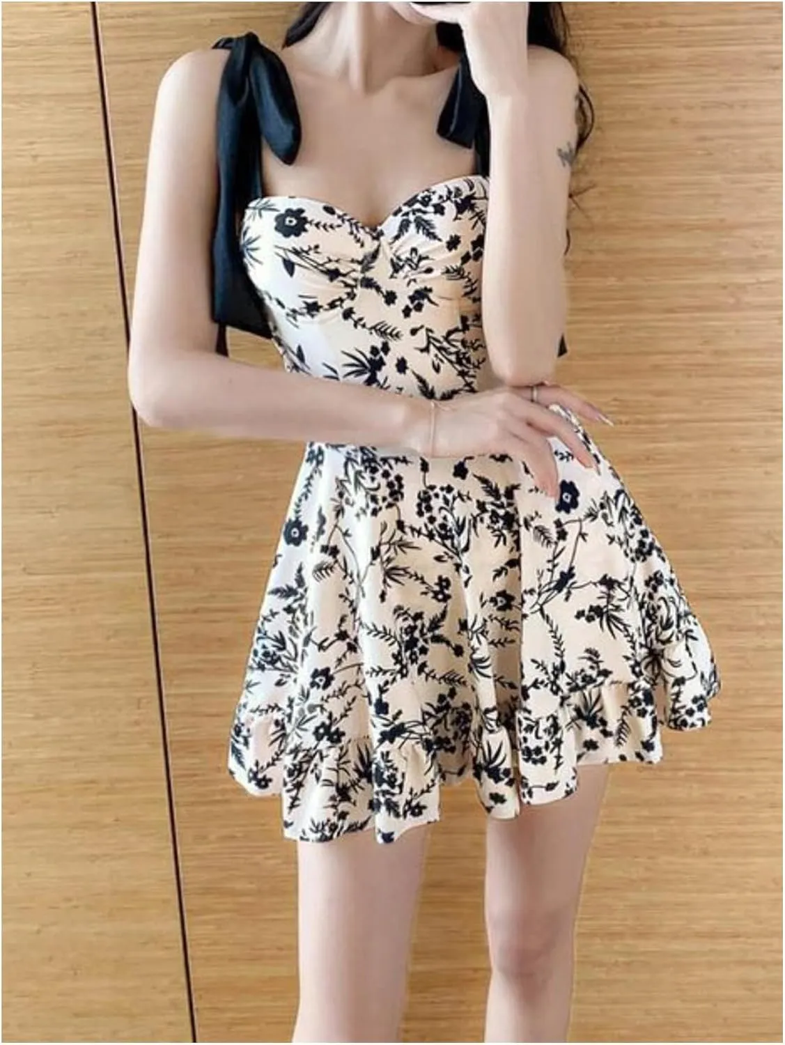 MakeMeChic Women's Floral Print Ruched Tie Shoulder Flared Hem Bathing Suit One Piece Swimsuit