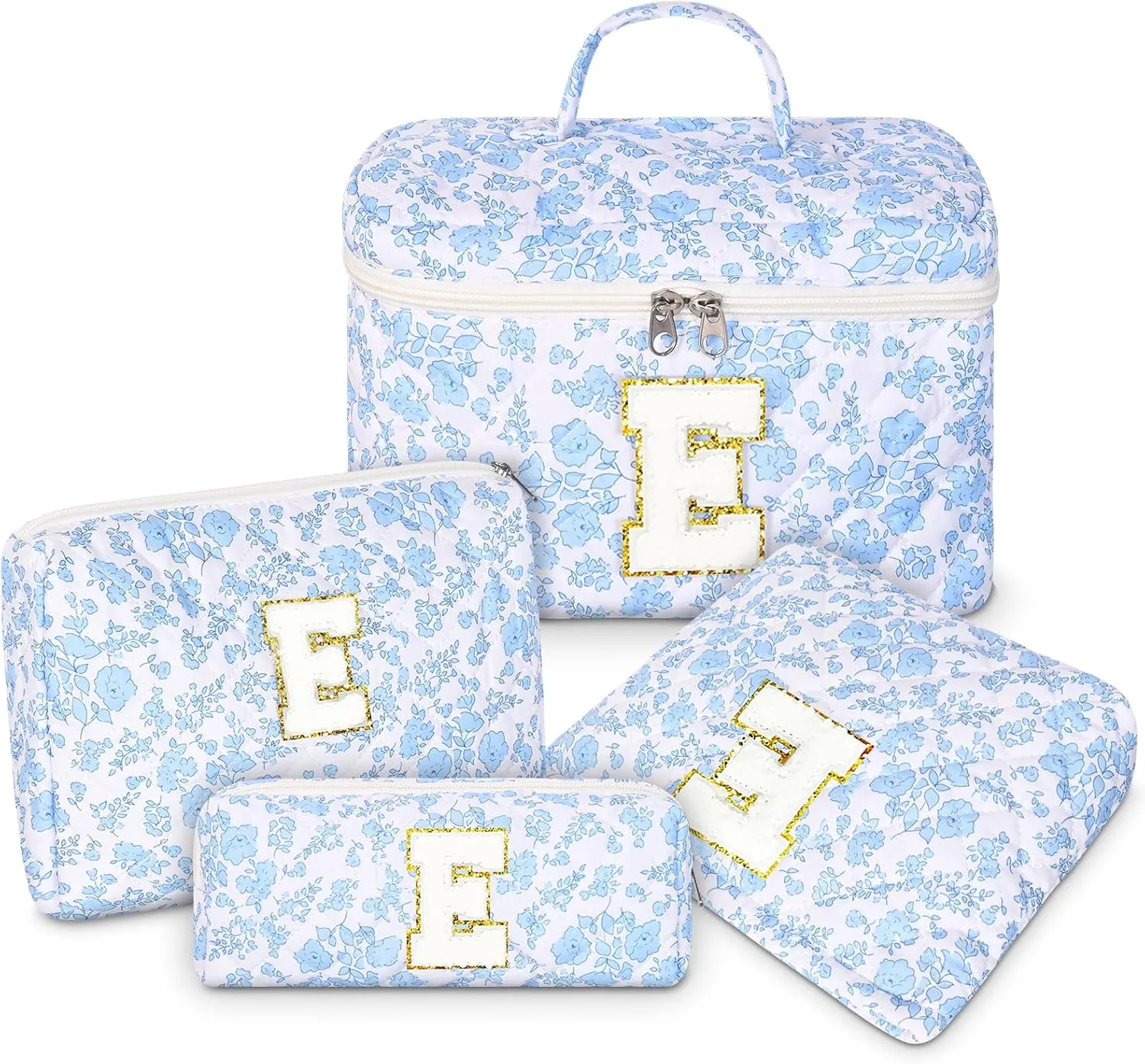 Makeup Bag, 4 Pcs Quilted Makeup Organizer Personalized Initial Gifts for Women Floral Make up Bag Cosmetic Bags Set Travel Toiletry Bag for Girlfriend Teen Girl Gifts Travel Essentials (Blue E)