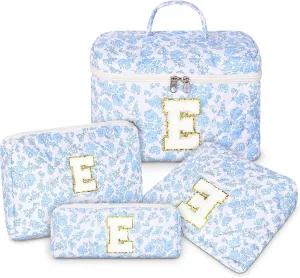 Makeup Bag, 4 Pcs Quilted Makeup Organizer Personalized Initial Gifts for Women Floral Make up Bag Cosmetic Bags Set Travel Toiletry Bag for Girlfriend Teen Girl Gifts Travel Essentials (Blue E)