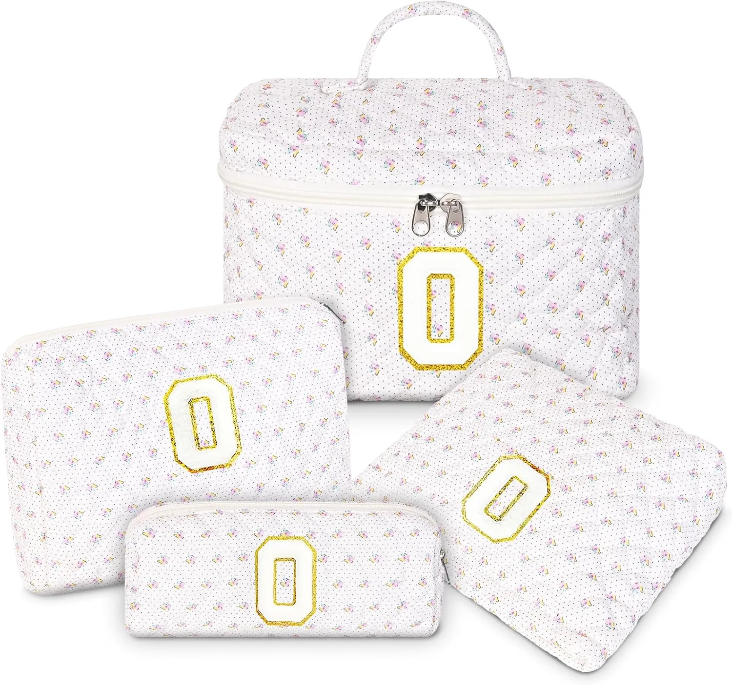 Makeup Bag, 4 Pcs Quilted Makeup Organizer Personalized Initial Gifts for Women Floral Make up Bag Cosmetic Bags Set Travel Toiletry Bag for Girlfriend Teen Girl Gifts Travel Essentials (White O)
