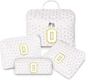 Makeup Bag, 4 Pcs Quilted Makeup Organizer Personalized Initial Gifts for Women Floral Make up Bag Cosmetic Bags Set Travel Toiletry Bag for Girlfriend Teen Girl Gifts Travel Essentials (White O)