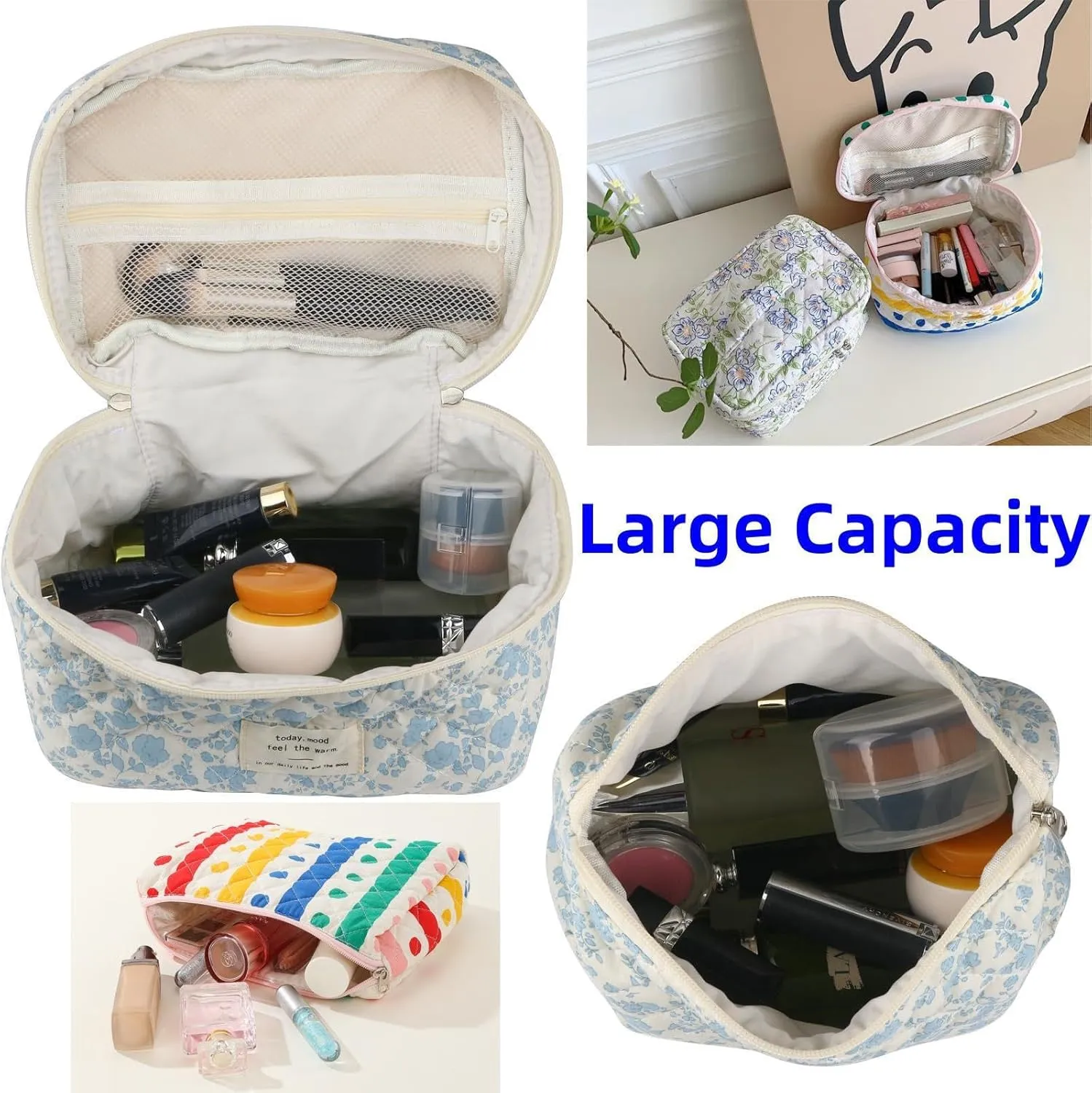 Makeup Bag Travel Essentials Quilted Cosmetic Toiletry Pouch Organizer Insert for Women Dorm Room Essential Gift Large Capacity Opening Lightweight Cute Aesthetic Portable 2PCS (Flower)