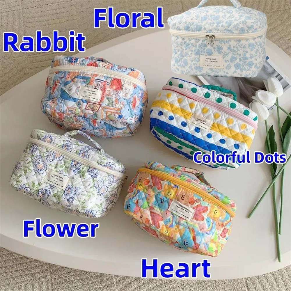 Makeup Bag Travel Essentials Quilted Cosmetic Toiletry Pouch Organizer Insert for Women Dorm Room Essential Gift Large Capacity Opening Lightweight Cute Aesthetic Portable 2PCS (Flower)