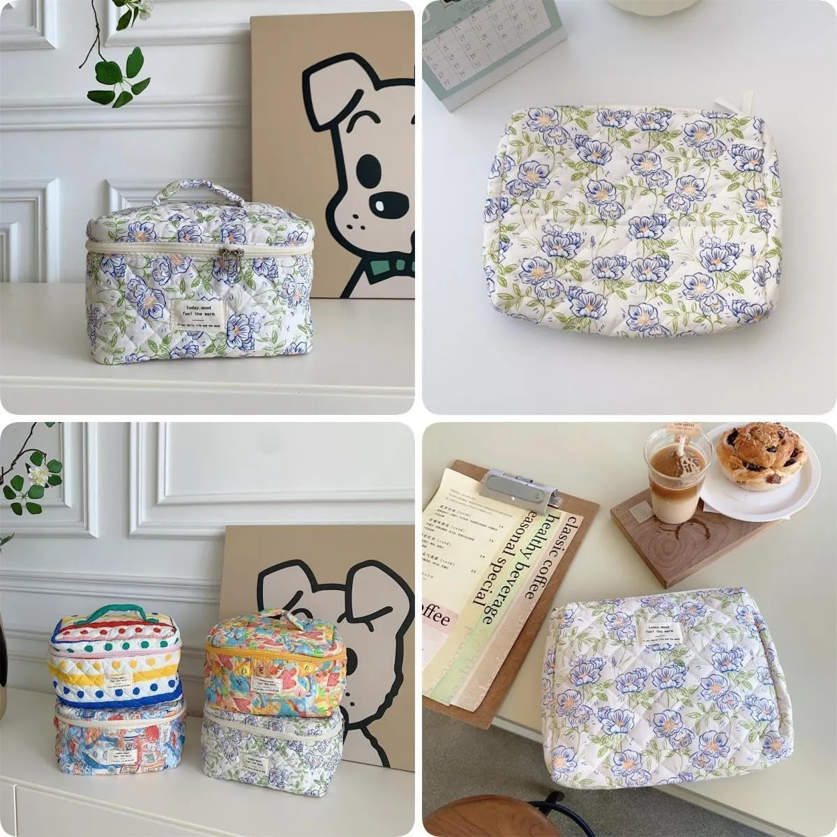 Makeup Bag Travel Essentials Quilted Cosmetic Toiletry Pouch Organizer Insert for Women Dorm Room Essential Gift Large Capacity Opening Lightweight Cute Aesthetic Portable 2PCS (Flower)