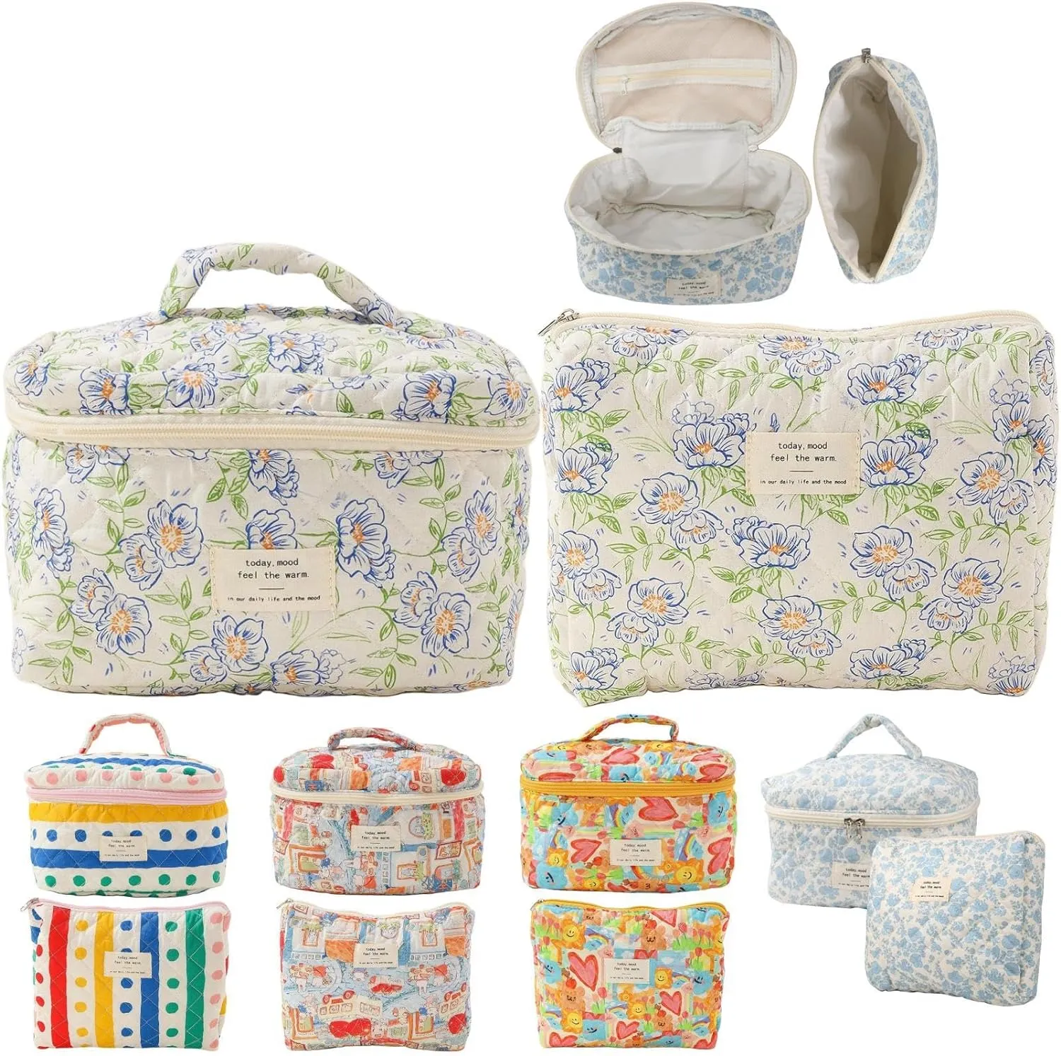 Makeup Bag Travel Essentials Quilted Cosmetic Toiletry Pouch Organizer Insert for Women Dorm Room Essential Gift Large Capacity Opening Lightweight Cute Aesthetic Portable 2PCS (Flower)