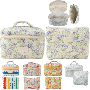 Makeup Bag Travel Essentials Quilted Cosmetic Toiletry Pouch Organizer Insert for Women Dorm Room Essential Gift Large Capacity Opening Lightweight Cute Aesthetic Portable 2PCS (Flower)