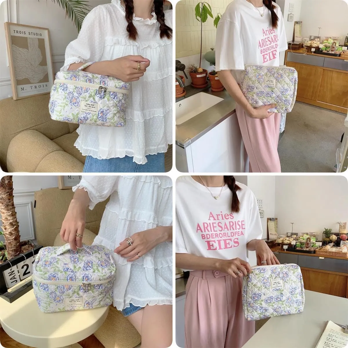 Makeup Bag Travel Essentials Quilted Cosmetic Toiletry Pouch Organizer Insert for Women Dorm Room Essential Gift Large Capacity Opening Lightweight Cute Aesthetic Portable 2PCS (Flower)