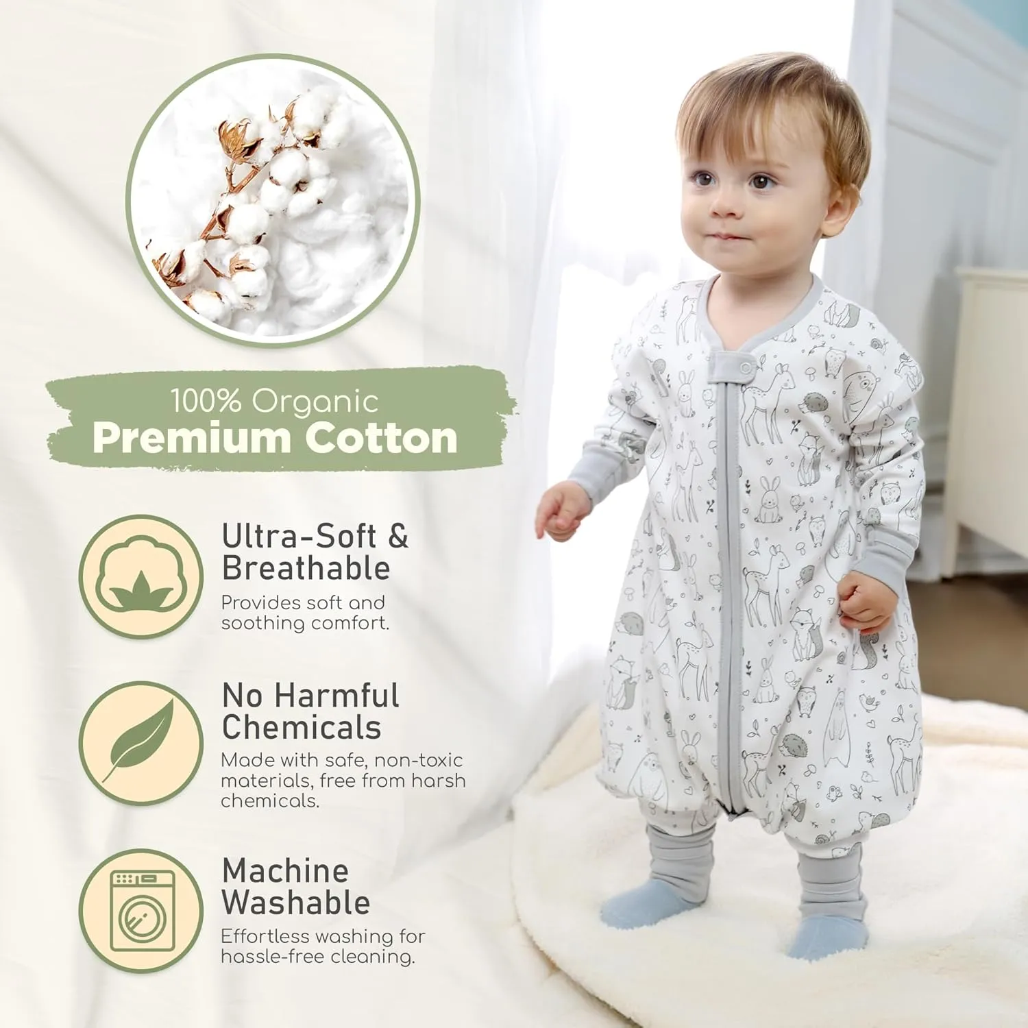 Mama Cheetah Toddler Sleep Sack with Feet, Long Sleeve 0.5 TOG Organic Cotton Baby Sleeping Bag with Legs, Wearable Blanket for Walkers w/ 2-Way Zipper, Toddler Blanket for Girls & Boys 6-18 M