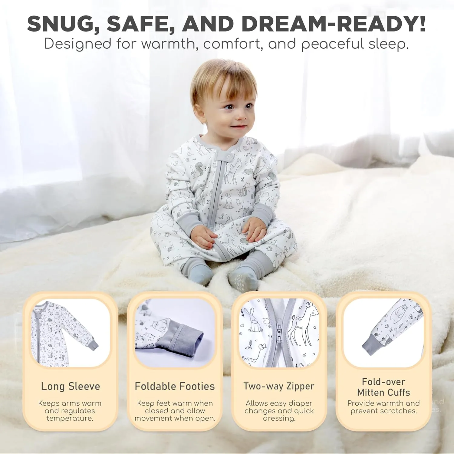 Mama Cheetah Toddler Sleep Sack with Feet, Long Sleeve 0.5 TOG Organic Cotton Baby Sleeping Bag with Legs, Wearable Blanket for Walkers w/ 2-Way Zipper, Toddler Blanket for Girls & Boys 6-18 M