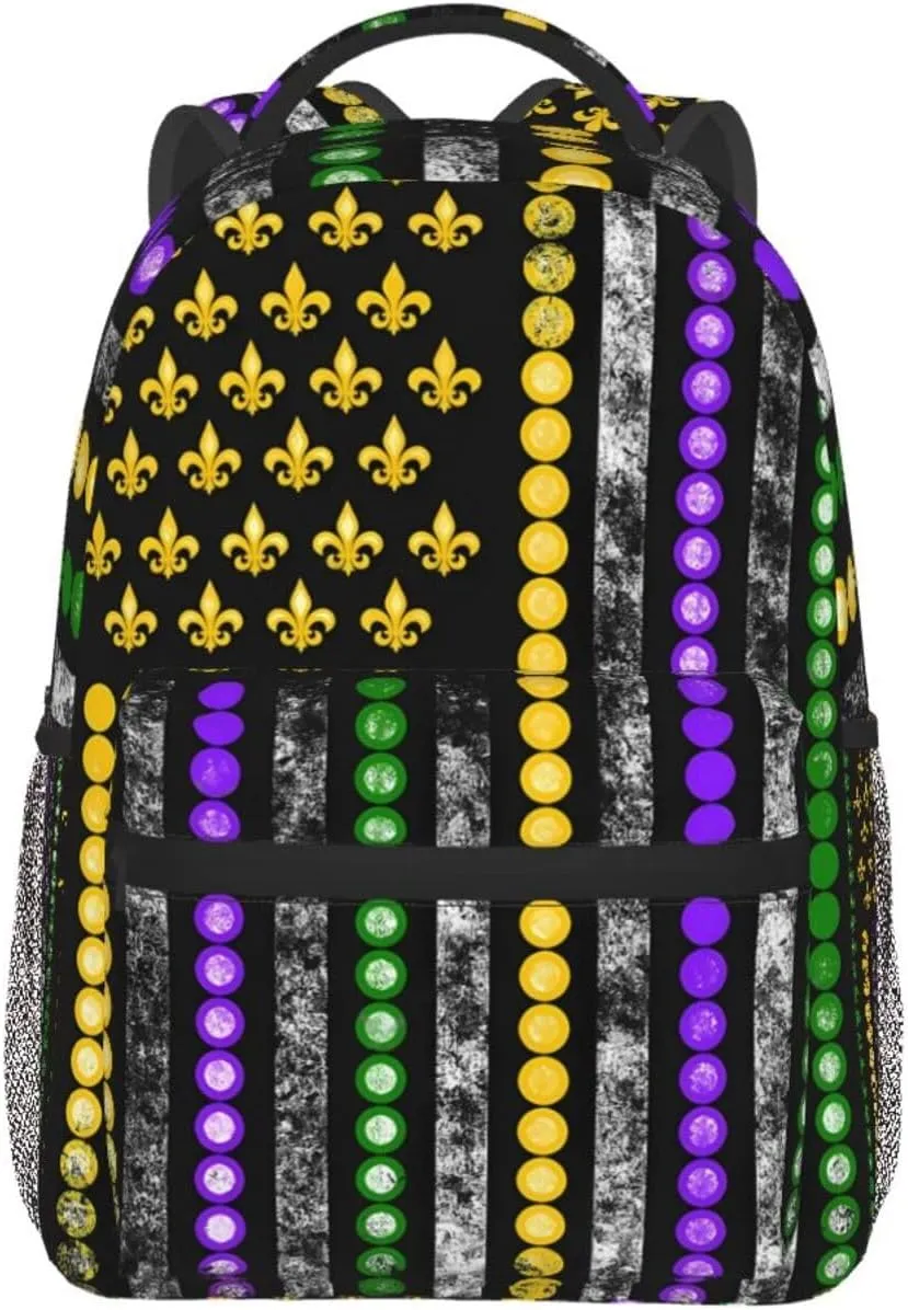 Mardi Gras American Flag Party Beads Backpack Casual Laptop Backpack Lightweight Double Shoulder Bag Travel Daypack For Women Men
