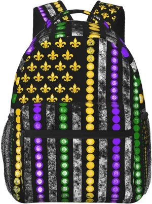 Mardi Gras American Flag Party Beads Backpack Casual Laptop Backpack Lightweight Double Shoulder Bag Travel Daypack For Women Men