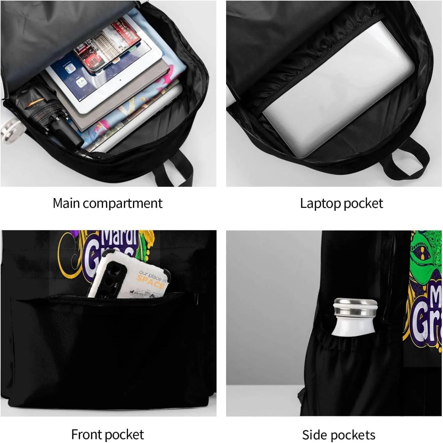 Mardi Gras Beads Mask Feathers Backpack Casual Laptop Backpack Large Capacity Double Shoulder Bag Travel Daypack For Women Men