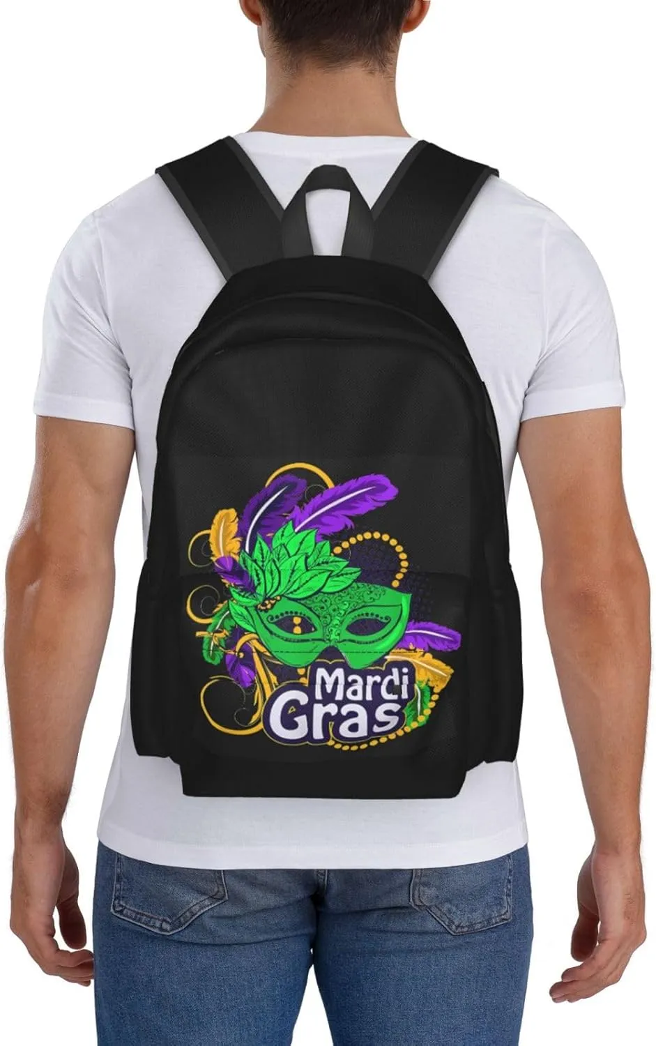 Mardi Gras Beads Mask Feathers Backpack Casual Laptop Backpack Large Capacity Double Shoulder Bag Travel Daypack For Women Men