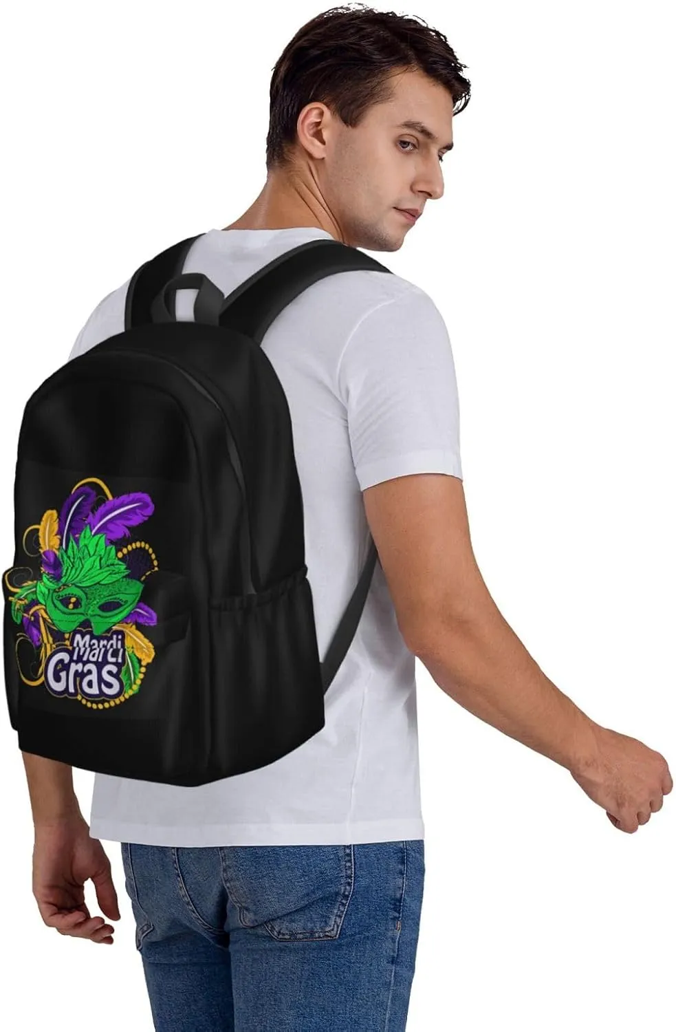 Mardi Gras Beads Mask Feathers Backpack Casual Laptop Backpack Large Capacity Double Shoulder Bag Travel Daypack For Women Men