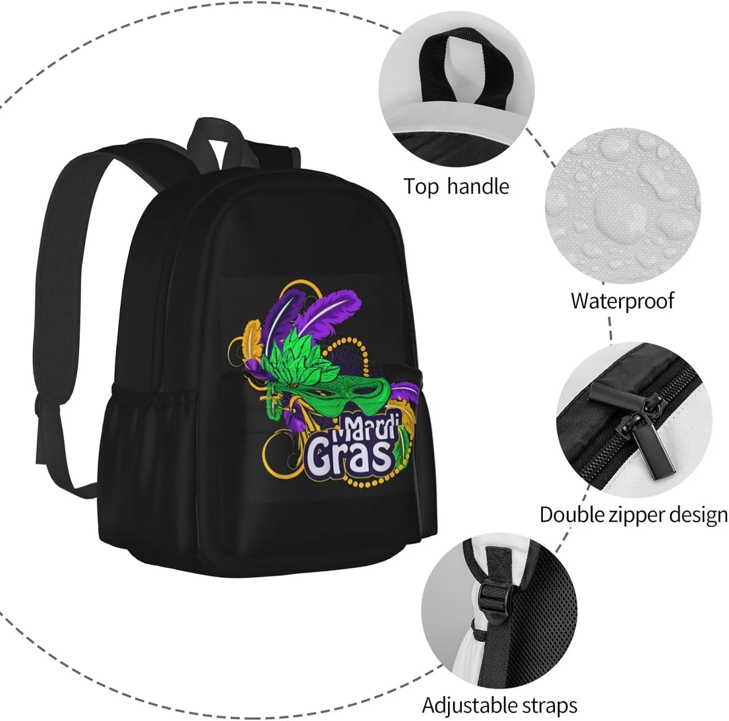Mardi Gras Beads Mask Feathers Backpack Casual Laptop Backpack Large Capacity Double Shoulder Bag Travel Daypack For Women Men
