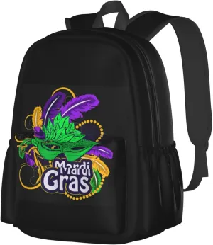 Mardi Gras Beads Mask Feathers Backpack Casual Laptop Backpack Large Capacity Double Shoulder Bag Travel Daypack For Women Men